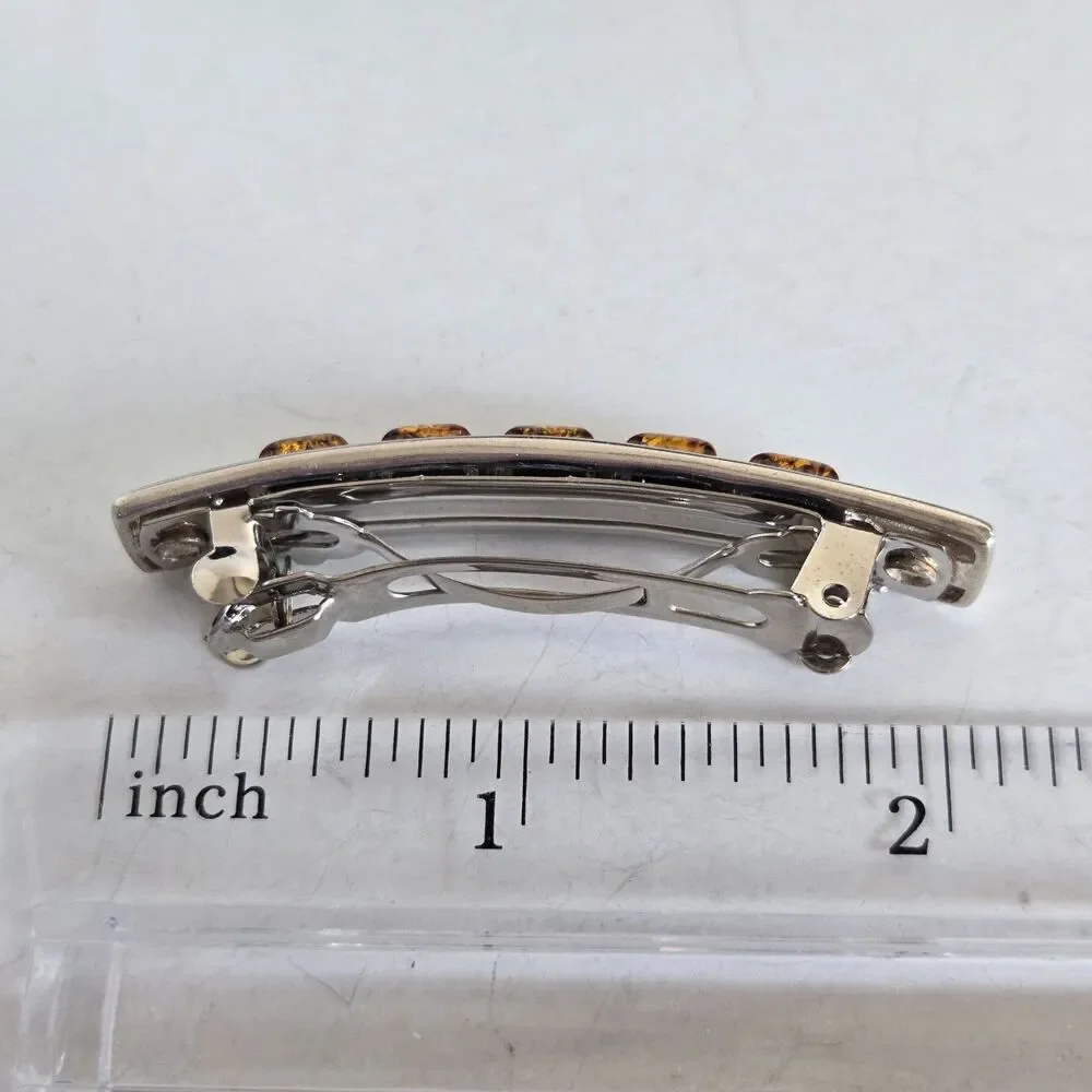 Vtg Genuine Baltic Amber French Barrette Hair Clip Cognac Square Mosaic 2.25